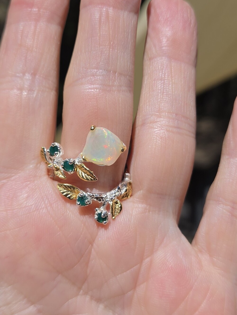 Opal & Green Onyx Leaf Ring Sterling & Gold Sz10 Adjustable - Picture 6 of 8